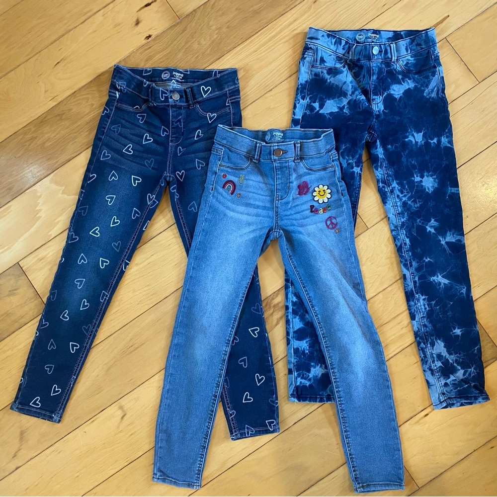 wonder nation Girls Denim Jeggings Trio - Light Blue, Navy & Dark Blue Tie-Dye